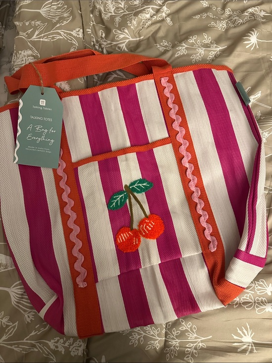 Talking Tables Handbags - Talking Tables Pink & White Stripe Cherry Tote Bag